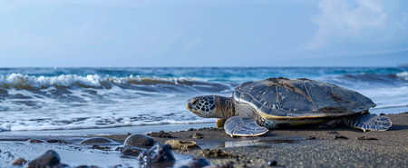 Close-up of a sea turtle on a sandy beach, with gentle ocean waves in the backgroundの素材