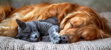 A golden retriever and gray cat nap closely together, showcasing comfort and companionshipの素材
