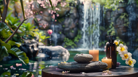 Serene spa setup with candles, flowers, stones, and a peaceful waterfall backdrop, creating a calming atmosphereの素材