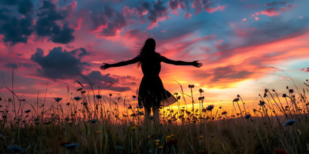 Silhouetted woman with open arms in a field of wildflowers against a vibrant sunset skyの素材