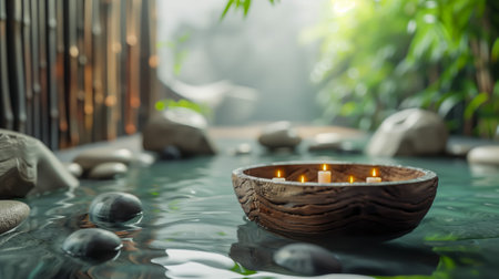 Serene spa setting with candles floating on water, surrounded by rocks and lush greeneryの素材