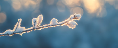 Close-up of a frosty branch covered in snow crystals, with a blurred winter backdropの素材