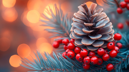Close-up of a pinecone with red berries on evergreen branches and festive bokeh backgroundの素材