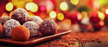 Close-up of chocolate truffles dusted with powdered sugar, with warm holiday bokeh lightsの素材