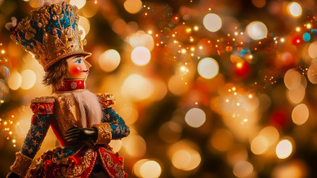 Ornate nutcracker figurine in rich colors set against warm bokeh holiday lightsの素材