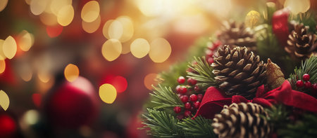 Close-up of a Christmas wreath adorned with pine cones, red berries, and holiday lightsの素材