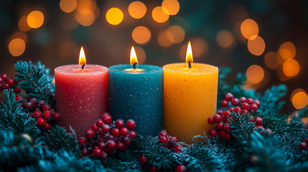 Trio of colorful candles surrounded by red berries and evergreen branches, glowing with holiday bokeh lightsの素材