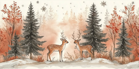 Illustrated serene forest with two deer, evergreen trees, and snowflakes in a tranquil winter settingの素材