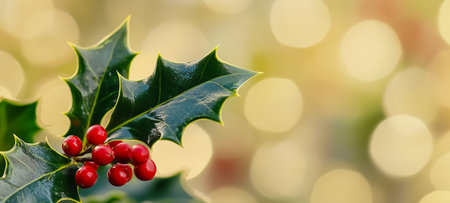 Green holly leaves with vibrant red berries against a blurred, warm bokeh backgroundの素材