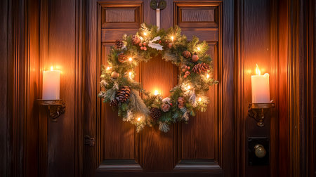 Illuminated christmas wreath with pine cones and candles on a wooden door, creating a warm ambianceの素材