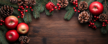 Festive composition of red apples, pinecones, berries, and pine branches arranged on a wooden surfaceの素材