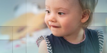 Portrait of cute baby girl, geometric pattern
