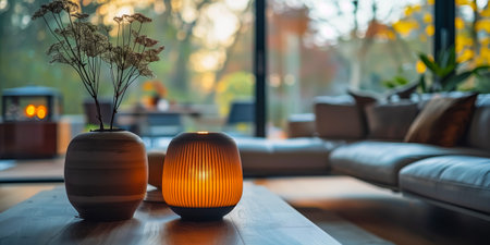 A beautifully arranged living room featuring vases with flowers and warm ambient lightingの素材
