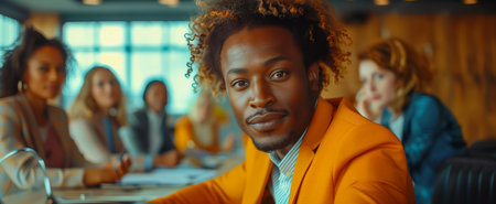 A young man wearing an orange suit sits confidently during a business meeting with colleaguesの素材