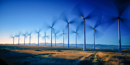 A stunning view of wind turbines spinning under a clear blue sky during sunsetの素材