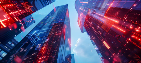 A stunning view of futuristic skyscrapers illuminated by vibrant red and blue lightsの素材