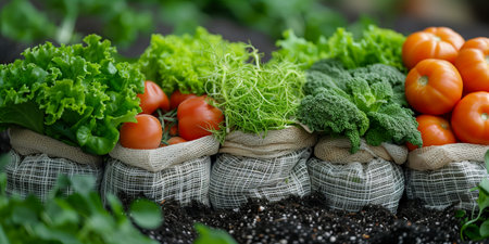A variety of fresh vegetables, including lettuce and tomatoes, displayed in burlap sacks on soilの素材