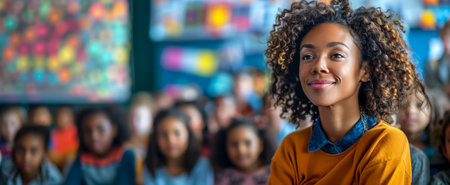 A woman with curly hair attentively watching a group of children in a vibrant classroomの素材
