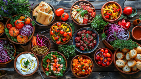 A vibrant spread of fresh vegetables and dishes beautifully arranged on a wooden tableの素材
