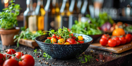 A colorful bowl of fresh salad featuring tomatoes and herbs surrounded by various greensの素材