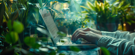 A person is typing on a laptop amidst lush green plants, creating a serene workspace atmosphereの素材