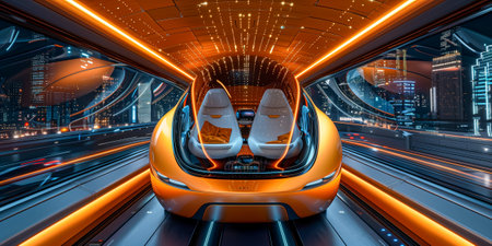 A sleek self-driving car interior with vibrant orange lighting, showcasing a futuristic city backdropの素材