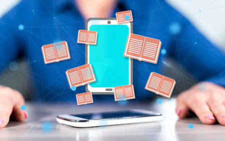 Smartphone with e-book concept between hands of a woman in background