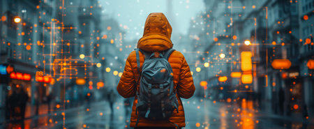 A person in an orange jacket with a backpack walking through a city on a rainy dayの素材