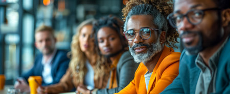 A diverse group of professionals gathered around a table for an important discussion in a modern settingの素材