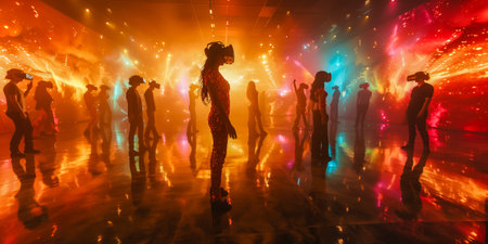 A group of individuals engaged in virtual reality amidst a colorful, illuminated environmentの素材