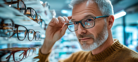 A mature man with a beard tries on glasses in a modern eyewear store settingの素材