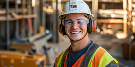 A young construction worker smiling while wearing safety gear and a hard hat at the siteの素材