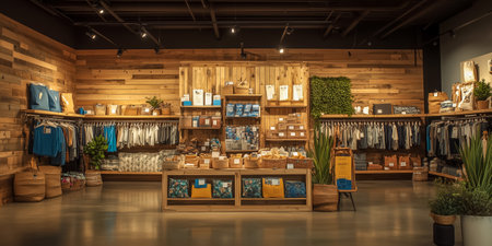 An interior view of a clothing store featuring wooden decor, stylish apparel, and plantsの素材
