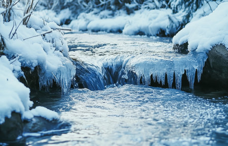 A serene frozen stream featuring ice formations and snow-covered banks surrounded by natureの素材