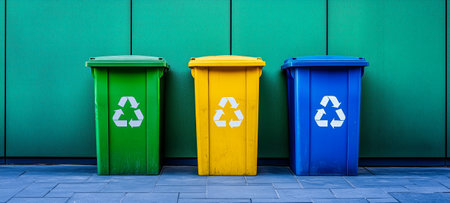 Three recycling bins in green, yellow, and blue positioned against a bright green backgroundの素材