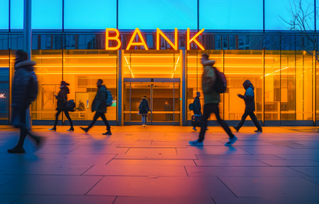 People are walking in front of a brightly lit bank entrance during evening hoursの素材