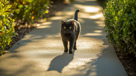 A black cat strolls confidently along a sunlit pathway between green shrubsの素材