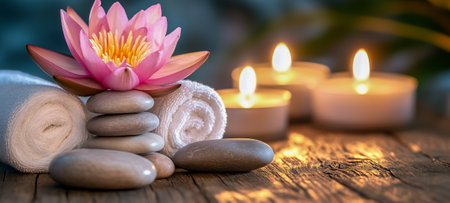 A serene spa atmosphere featuring a lotus flower, stones, and lit candles for relaxationの素材