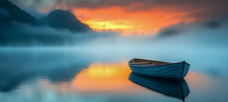 A tranquil scene featuring a lone boat reflecting the vibrant sunset colors on glassy waterの素材
