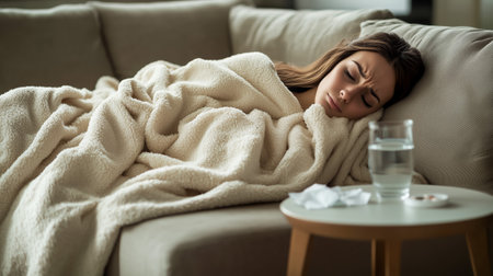 A young woman rests on a couch, covered in a blanket, looking unhappy and tiredの素材