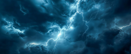 Lightning illuminates dark storm clouds, creating a dramatic and intense sky during a stormの素材