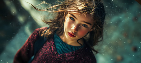 A young girl with wavy hair gazes thoughtfully at the camera in a snowy settingの素材