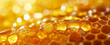 A close-up view of honeycomb cells filled with glistening, golden honey, showcasing textureの素材