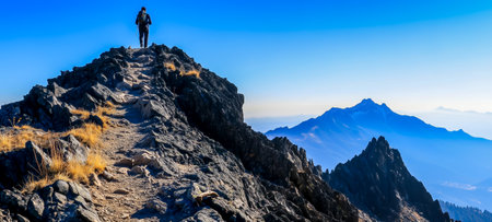 A lone hiker standing atop a mountain peak under a clear blue skyの素材