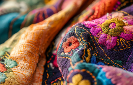 A vibrant close-up of beautifully embroidered fabric showcasing intricate floral patterns and colorsの素材