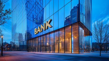 A contemporary bank building features an illuminated glass facade reflecting city lights at duskの素材