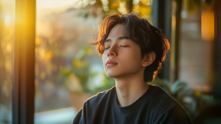 A young man with wavy hair enjoying a serene moment in warm sunlight indoorsの素材