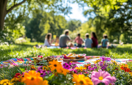 A joyful picnic scene with friends relaxing among vibrant flowers in a sunny parkの素材