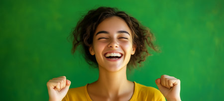 A young woman expressing joy and excitement with a bright smile and uplifting poseの素材