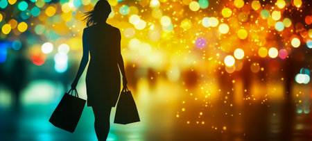 A silhouette of a woman holding shopping bags against a backdrop of colorful bokeh lightsの素材